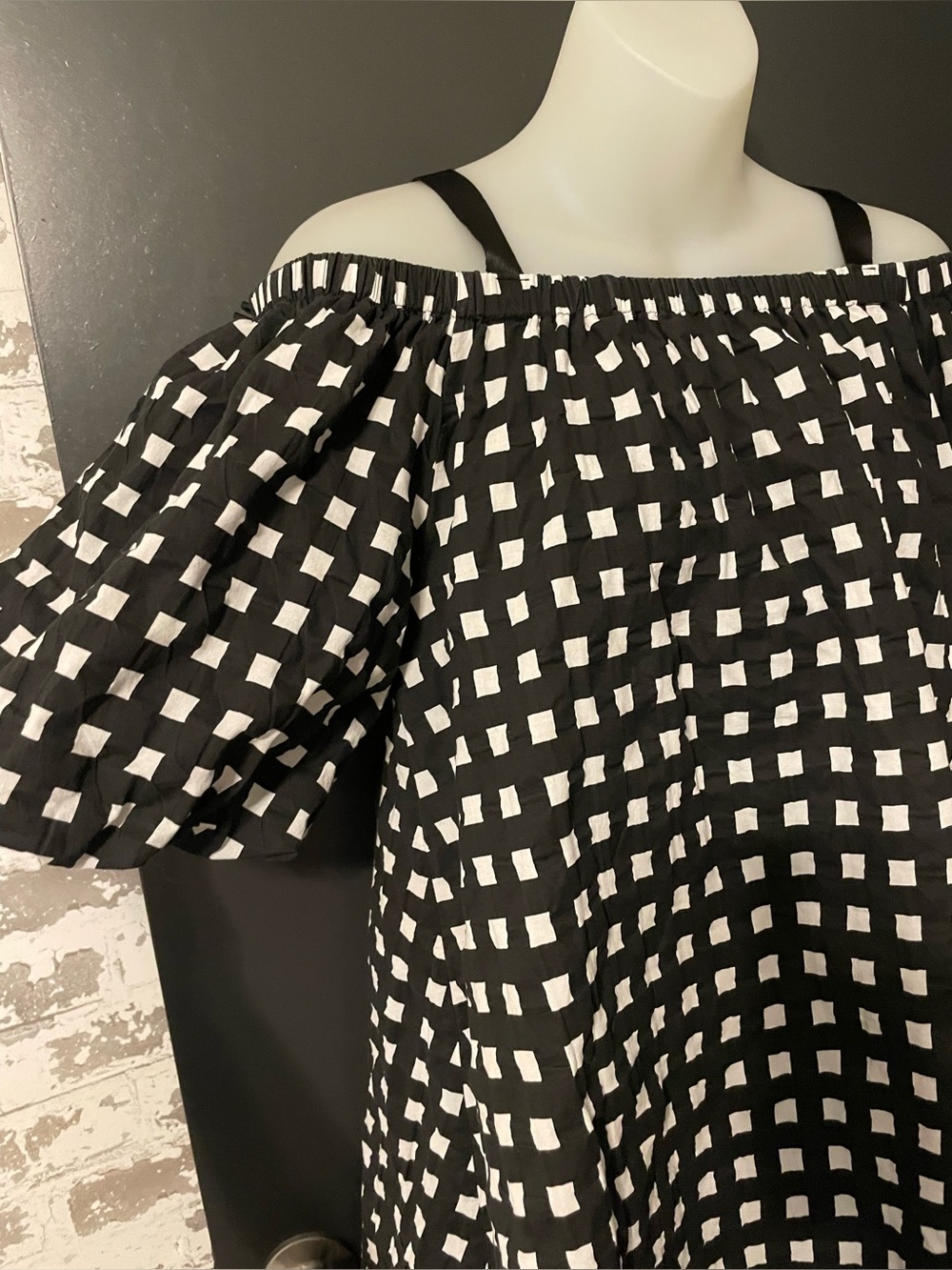 Setirom Black White Check Puff Sleeve Off Shoulder Mini Dress Small - Picture 3 of 9